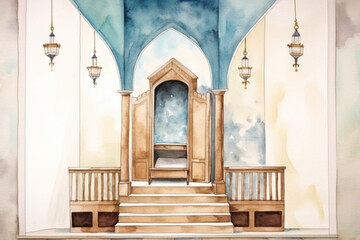 A whimsical watercolor painting of a traditional wooden minbar (pulpit) inside a mosque, watercolor style, Islamic, Islamic background, Eid-al-Adha Generative AI