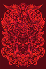 Balinese Barong red art illustrations combined with Japanese Samurai