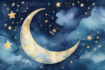 Fototapeta premium A whimsical watercolor artwork of a crescent moon and stars in a night sky, watercolor style, Islamic, Islamic background, Eid-al-Adha Generative AI