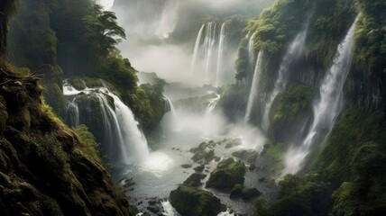 Fototapeta na wymiar Mist and magic waterfall in deep forest, Generative AI