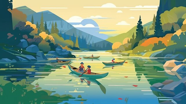 Kayaking and canoeing: Illustrations depict people paddling through calm waters, exploring rivers or coastal areas, and enjoying the peacefulness of being on the water. Generative AI