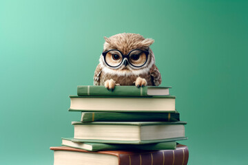 Cute wise owl with glasses on the books heap.AI generated.