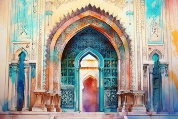 A captivating watercolor artwork of an ornate Islamic doorway with intricate carvings, watercolor style, Islamic, Islamic background, Eid-al-Adha Generative AI