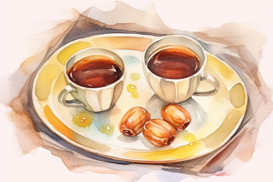 A whimsical watercolor painting of Arabic coffee cups and a tray with dates, watercolor style, Islamic, Islamic background, Eid-al-Adha Generative AI
