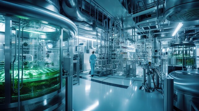 Pictures capture the manufacturing process of biopharmaceuticals, highlighting the use of bioreactors and quality control measures. Generative AI