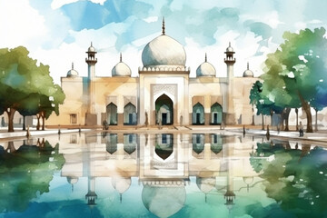 Obraz premium A mesmerizing watercolor illustration of a serene mosque courtyard with a reflection pool, watercolor style, Islamic, Islamic background, Eid-al-Adha Generative AI