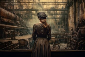 Factory cute woman worker vintage 1800 year. Generate Ai - obrazy, fototapety, plakaty
