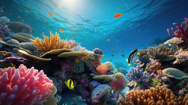 Coral reefs: Images portray vibrant and colorful coral reefs, home to a variety of marine life, showcasing the beauty and fragility of underwater ecosystems. Generative AI