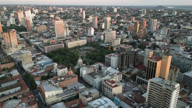 Aerial over the city center of the capital city of Asuncion, Paraguay, South America. Drone dolly forward