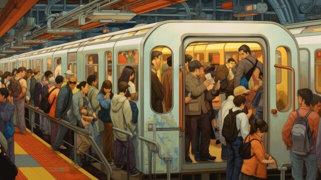 Efficient commuting: Illustrations showcase crowded subway platforms and people commuting to work, emphasizing the practicality and efficiency of subway systems. Generative AI