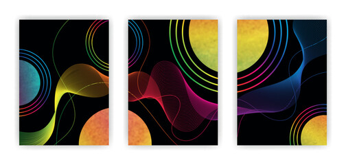 Set of trendy color posters with hand drawn textures. Space, planet concept. Geometric shapes and wavy lines.