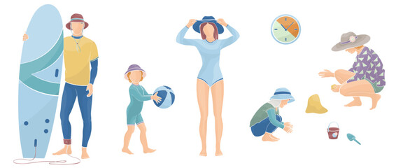 woman in a long sleeve swimsuit and man in a sportswear with surfboard, boy and girl in protective clothes against the solar radiation and UV ultraviolet on the beach and during water sport 