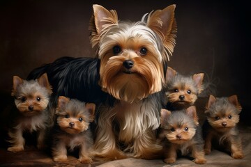 Yorkshire terrier dog puppies group. Generate Ai