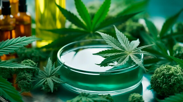 Hemp Organic Cosmetic laboratory concept. Glass petri dish with cosmetic products and green plants. Generative AI	