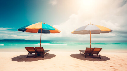 two wooden sunbeds and an umbrella on a tropical beach. 