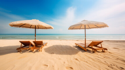 Fototapeta na wymiar two wooden sunbeds and an umbrella on a tropical beach. 