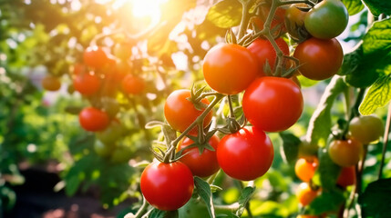 Red tomatoes growing on bushes on a farm, tomatoes close - up, blurred background farm. Generative AI - obrazy, fototapety, plakaty
