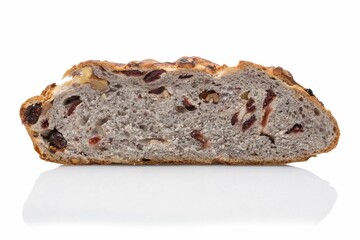 Closeup of a slice of raisin bread isolated on a white background
