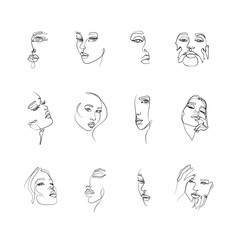 Woman abstract portraits set, continuous line drawing, girl is single line on white background, Vector illustration. Tattoo, print and logo design for spa or beauty salon. 