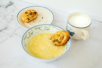 Breakfast Complete, Soup with Garlic Bread and Milk