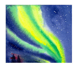 Hand drawn watercolor northern lights. Watercolor landscape with green northern lights.