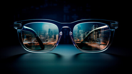 Fototapeta na wymiar glasses against dark background through which shines a sillouette of a city, generative AI