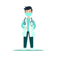 Fototapeta premium Generative AI Male doctor wearing a medical mask. Coronavirus COVID-19 prevention concept. Vector illustration in flat style