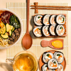 Flat Lay Korean Food, Kimbap, Bibimbap