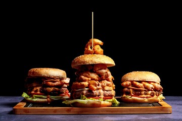 Hamburgers and fries in classic American establishments, fast food concept.