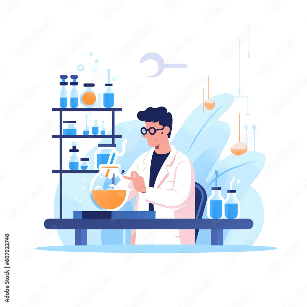 Aufkleber generative ai scientist at work, male character conducting experiments in lab. vector illustration i