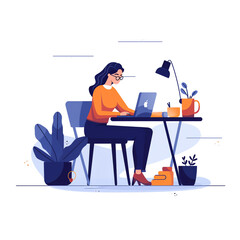 Generative AI Woman with laptop, education or working concept. Table with books, lamp, coffee cup. Vector illustration in flat style