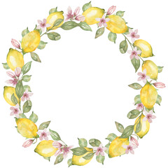 Watercolor lemon wreath clipart, tropical fruit frame illustration