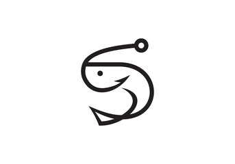 shrimp with fishing hook lineart style for seafood restaurant logo design