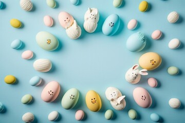 Fototapeta na wymiar Easter decorations concept. Top view photo of colorful easter eggs and bunnies on isolated pastel blue background with copyspace in the middle, Generative AI