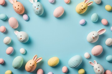 Fototapeta na wymiar Easter decorations concept. Top view photo of colorful easter eggs and bunnies on isolated pastel blue background with copyspace in the middle, Generative AI