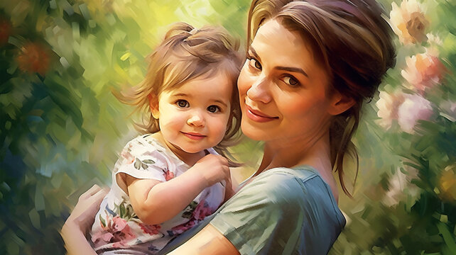 Painted image of a young mother holding her daughter in her arms, parenthood, mother's day