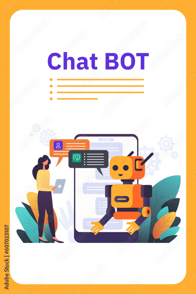 Poster chatbot robot providing online assistance. chat gpt conversation with a person. use of ai in custome