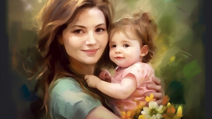 Obraz premium Painted image of a young mother holding her daughter in her arms, parenthood, mother's day