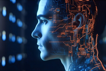 Artificial intelligence virtual concept avatar. Futuristic augmented human concept. Created with Generative AI technology.