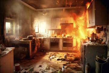 Stove ignited in the kitchen during cooking, smoke and soot around, fire at home, Generative AI