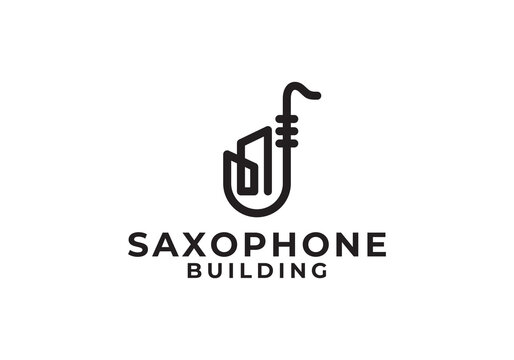 trumpet with building instrument music jazz logo design inspiration