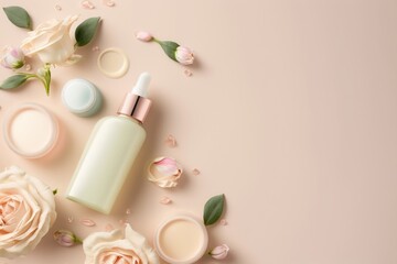 Fototapeta na wymiar Elevate your beauty regimen with cosmetology concept, showcasing pump bottles of face roller serum and cream surrounded by delicate rose petals on a soothing pastel beige base, Generative AI