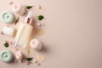 Fototapeta na wymiar Elevate your beauty regimen with cosmetology concept, showcasing pump bottles of face roller serum and cream surrounded by delicate rose petals on a soothing pastel beige base, Generative AI