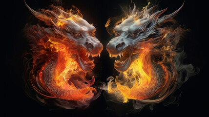 Two heads of a dragon on fire are a symbol of the new year according to the eastern calendar in the forest. AI generated. Generative AI