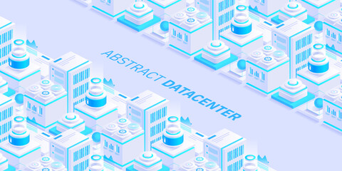 Hosting server isometric vector illustration. Abstract 3d datacenter or blockchain background. Network mainframe infrastructure website header layout. Computer storage or farming workstation.