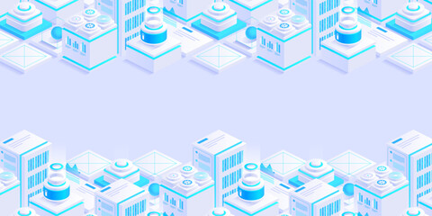 Hosting server isometric vector illustration. Abstract 3d datacenter or blockchain background. Network mainframe infrastructure website header layout. Computer storage or farming workstation.