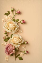 Obraz na płótnie Canvas Mother's Day affection concept. Top vertical view of lovely roses on pastel beige background with copy space, Generative AI