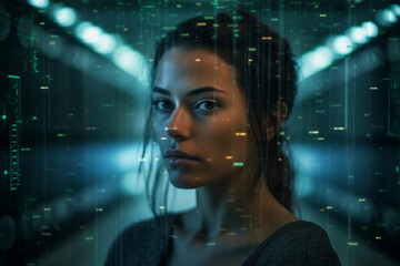 Portrait of woman with connection with abstract programming code background (Generative AI)