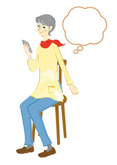 スマホを見ている笑顔のシニア女性