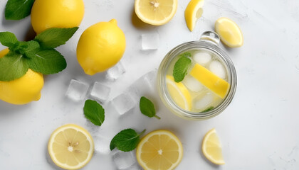 Quench your thirst and embrace the refreshing vibes of summer with a tantalizing glass of lemonade beautifully presented on a white table adorned with vibrant fresh lemons
